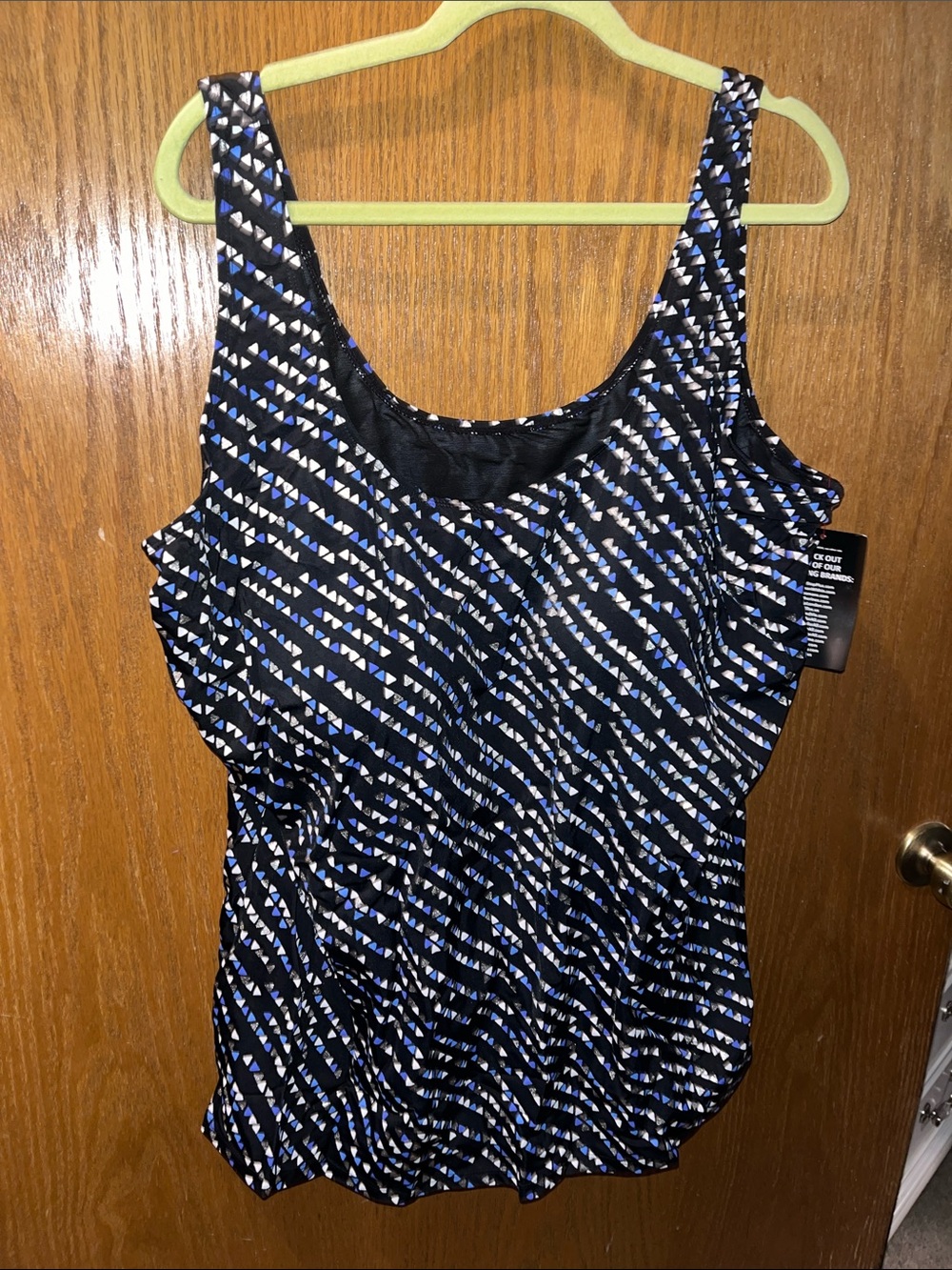 Swimsuits For All Black Tankini Top with Blue & White Geometric Print
